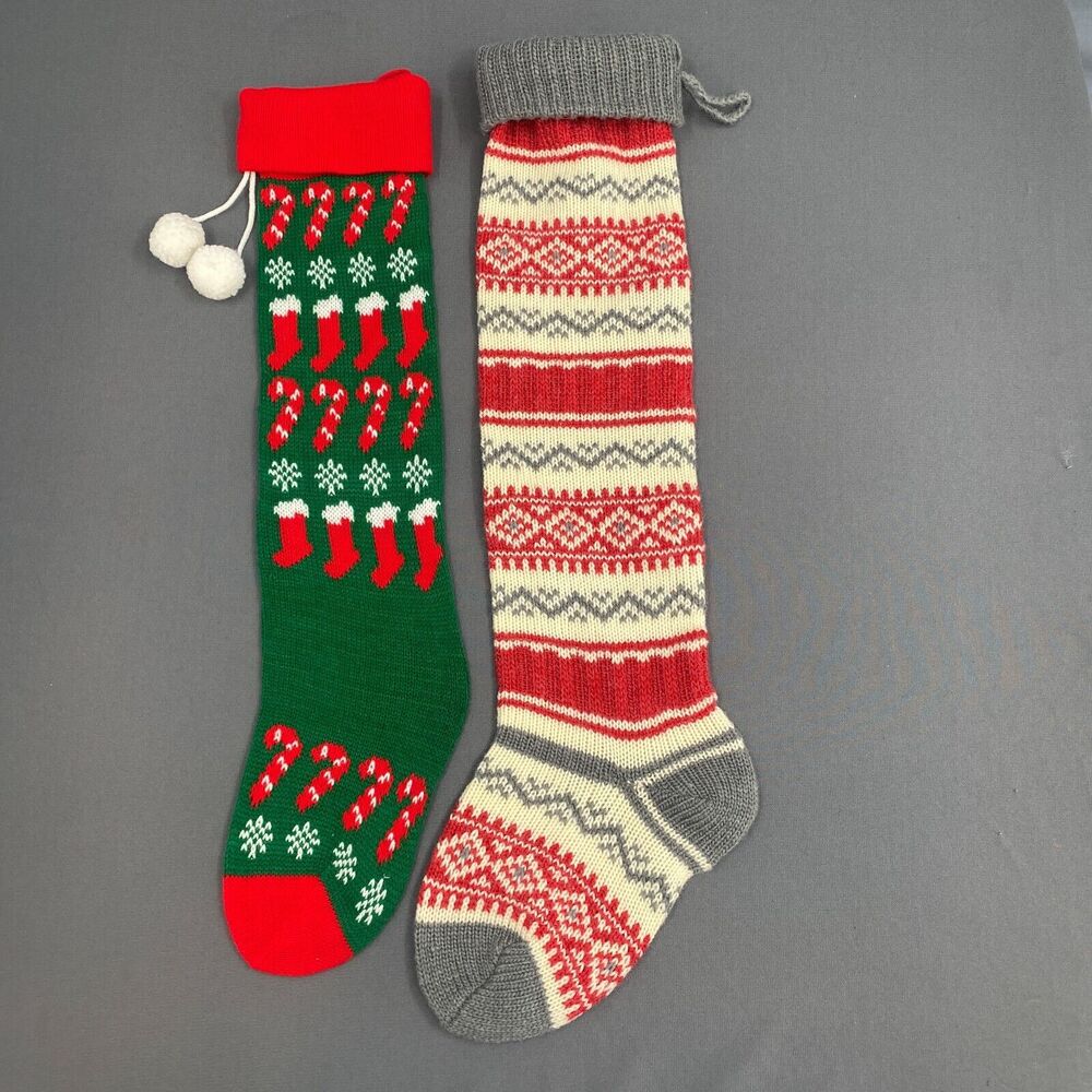 Pair VTG Knit Christmas Stockings Wool Fair Isle Candy Cane Holiday Decor Kitsch